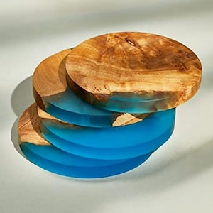 Epoxy Resin and Wood Coasters Set, Ocean Blue Drink Coasters, Handmade Rustic Coasters for Home Decor, Housewarming Gift for Coffee Lovers