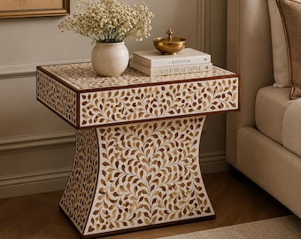 Walnut Wood Floral Inlay Side Table – White Resin Pedestal Accent Nightstand