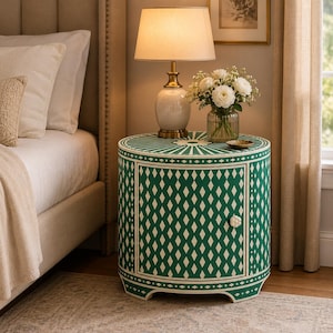 Handgemaakt rond nachtkastje met beeninleg: nachtkastje, bijzettafel, boho opbergmeubel.