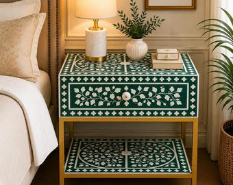 Bone Inlay Night Stand: Bedside Cabinet, Floral End Furniture, Handmade Storage, Bedroom Accent Decor