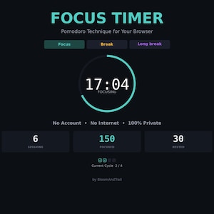 Focus Timer | Pomodoro Technique Browser Tool | Productivity Timer | Dark UI Digital Download 2026