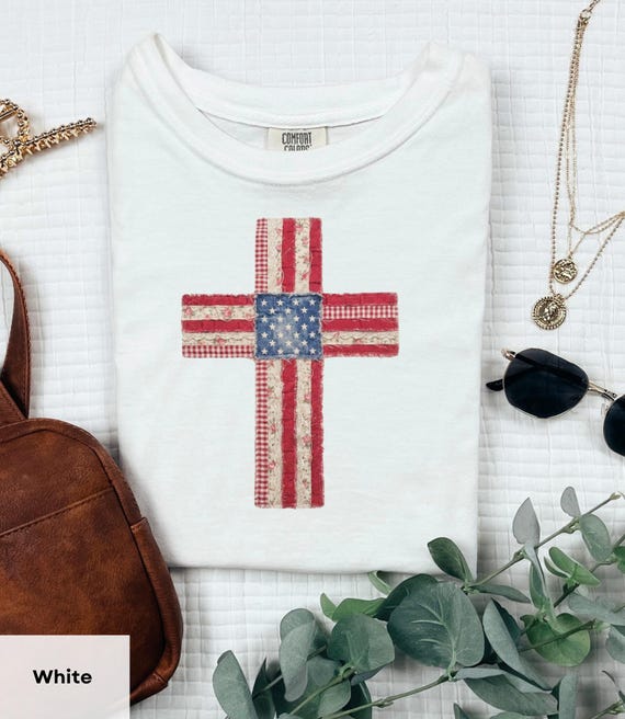 Patriotic Faux Patchwork Cross Shirt, Christian Americana Tee, Fourth of July Sweatshirt, Vintage USA Faith Graphic Tee