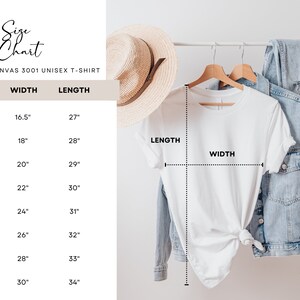 May include: Size chart for a Bella + Canvas 3001 unisex t-shirt. The chart shows the width and length in inches for sizes XS to 4XL.