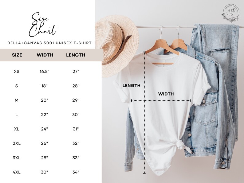 May include: Size chart for a Bella + Canvas 3001 unisex t-shirt. The chart shows the width and length in inches for sizes XS to 4XL.