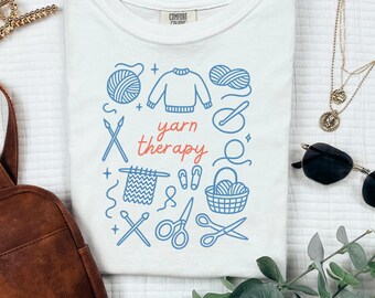 Knitting Shirt, Yarn Therapy Tee, Cotton Knitting Gift, Relaxing Craft T-Shirt, Crochet Lover Top, Sizes S to 4XL, Soft Garment-Dyed Fabric