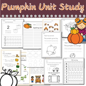 Puede incluir: Una colección de hojas de trabajo imprimibles para un estudio de la unidad de la calabaza. Las hojas de trabajo incluyen actividades de conteo, trazado, ortografía y coloreado. El título "Pumpkin Unit Study" se muestra en letras naranjas y marrones.