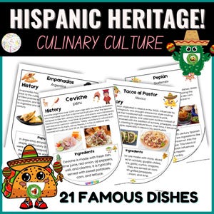 May include: A colourful infographic with illustrations of various Hispanic dishes, including empanadas, ceviche, tacos al pastor, and pepian. The infographic includes the history, ingredients, and origin of each dish. The text "21 Famous Dishes" is at the bottom of the infographic.