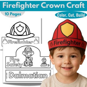 Puede incluir: Un kit de manualidades con el texto "Firefighter Crown Craft" y "10 Pages". El kit incluye plantillas imprimibles para un sombrero de bombero, con las palabras "Firefighter", "Fire Safety" y "Dalmatian". Un niño lleva un sombrero de bombero rojo y amarillo.