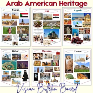 Peut inclure: Un tableau d'affichage de vision coloré avec des images représentant le patrimoine arabo-américain. Le tableau présente des drapeaux, de la nourriture, des vêtements et de l'architecture de pays comme le Soudan, l'Irak, l'Algérie, le Qatar, le Maroc et le Yémen.