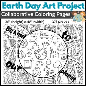 Proyecto artístico del Día de la Tierra: Póster colaborativo para colorear, imprimible para tablón de anuncios, manualidades y páginas para colorear.