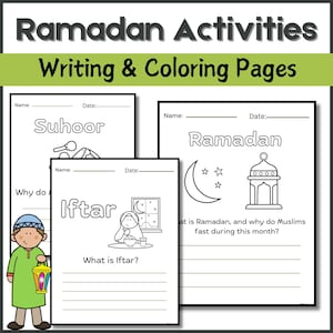 May include: Black and white printable colouring pages with writing prompts about Ramadan, Suhoor, and Iftar. The pages feature illustrations of a crescent moon, a lantern, and a person eating.