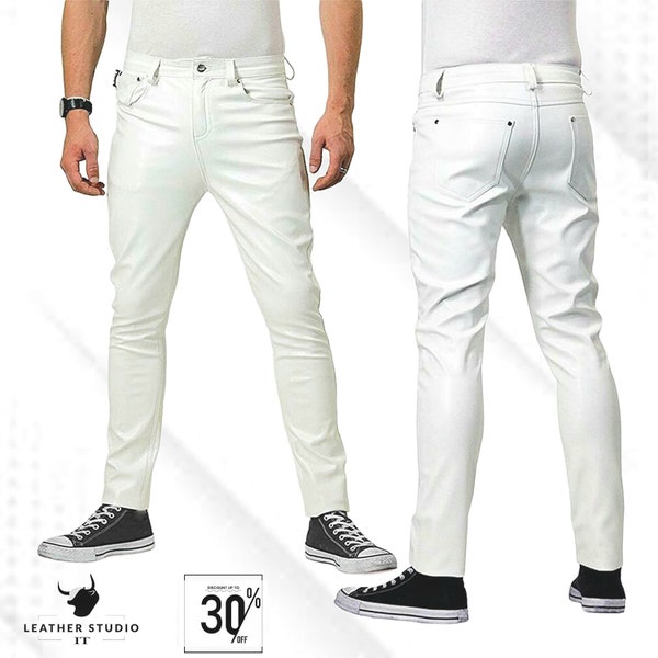 Genuine Leather Men White Cargo Pants/Trousers: Slim Fit Lambskin Leather Pants for Men