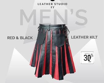 Kilt utilitaire plissé gladiateur en cuir véritable noir et rouge pour homme
