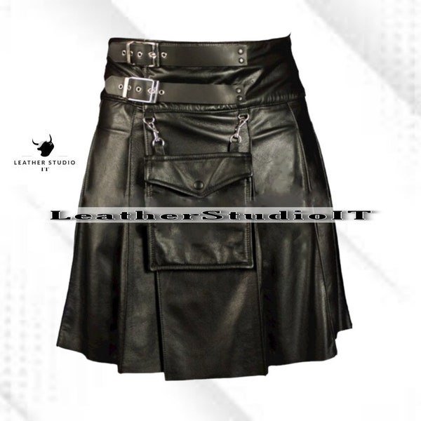 Kilt en cuir de vache véritable à double ceinture pour hommes et femmes avec motif plissé Kilt utilitaire de style écossais Pride Walk Kilt