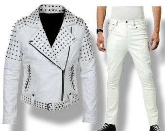 Veste en cuir blanc avec clous à pointes et pantalon homme en cuir de mouton blanc