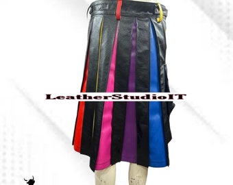 Multi Couleurs Conception À La Main En Cuir Kilt Halloween Véritable Vache En Cuir Kilt LGBTQ Pride Marche Costume Kilts Utilitaire Style Kilt