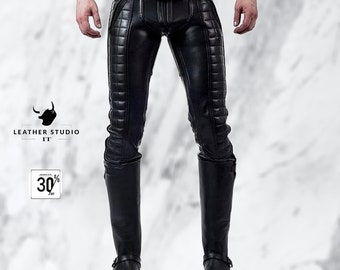 Schwarz Leder Herren Cargohose: Slim Fit Lederhose für Männer