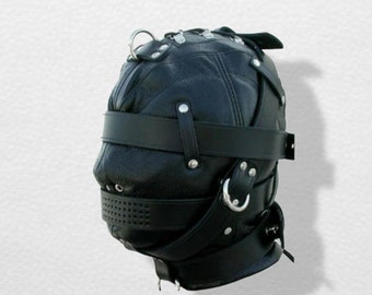 Original cuir Gimp capuche Bondage BDSM masque cuir véritable hommes complet noir unisexe