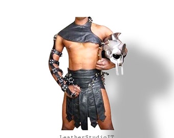 Handmade Original Black Leather Roman Gladiator Kilt Heavy duty Party Costume Set LARP