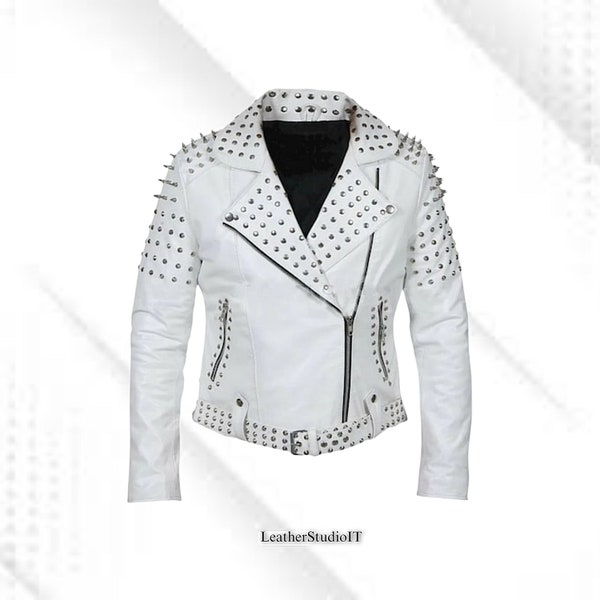 Veste en cuir blanc avec clous cloutés hommes femmes unisexe veste à la main moto Punk Rocker veste fête blanc mode veste pointes