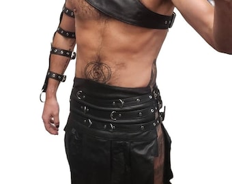 Genuine Black Leather Roman Gladiator Kilt Heavy duty Party Costume Set LARP