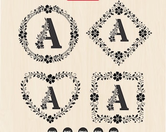 Floral Monogram SVG Bundle, Floral Initial Alphabet & 4 Frames, Botanical Monogram SVG, Initial Letter Cut Files, Cricut Laser Cut