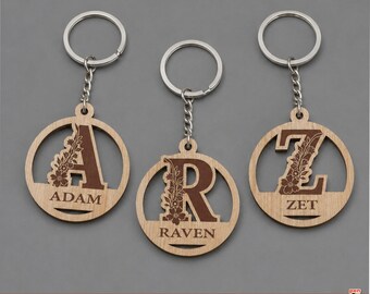 Floral Monogram Keychain SVG | Personalized Initial Name Keychain Laser Cut File | Engrave Alphabet Wood Keychain