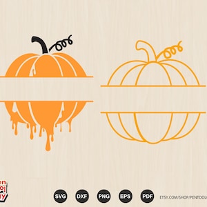 May include: Two orange pumpkin split in half with a blank space in the middle. One pumpkin is filled in and the other is an outline.  The filled in pumpkin has dripping orange paint.