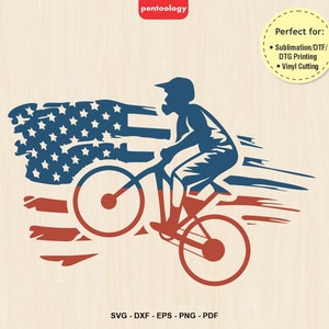 Amerikanischer Radfahrer SVG Design, US Flagge MTB SVG, Patriotischer Radfahrer SVG Dxf Eps Png Dateien für Cricut, Silhouette, Sublimation design