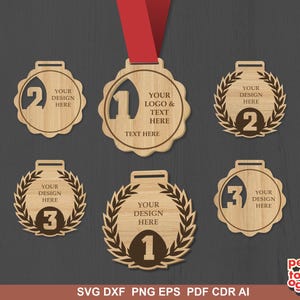 May include: Wooden medals with red ribbon. The medals are laser cut with numbers 1, 2, and 3, and laurel wreaths. Each medal has space for custom text: "YOUR LOGO & TEXT HERE" and "YOUR DESIGN HERE".