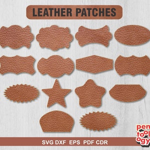 May include: Set of 15 brown leather patches in various shapes, including stars, ovals, and rectangles. The patches are perfect for adding a rustic touch to crafts and projects. SVG DXF EPS PDF CDR