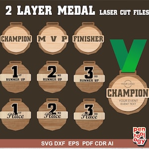 Medalha de madeira SVG | Modelo de medalha de prêmio | Medalhas de campeão, MVP, finalizador, colocação | Design de troféu esportivo | Arquivo de corte CNC Glowforge