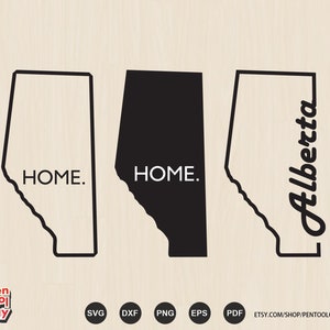 Puede incluir: Tres imágenes en blanco y negro de la provincia de Alberta, Canadá. La primera imagen es un contorno de la provincia con la palabra "HOME." en su interior. La segunda imagen es un contorno relleno de la provincia con la palabra "HOME." en su interior. La tercera imagen es un contorno de la provincia con la palabra "Alberta" escrita en su interior en una fuente cursiva.