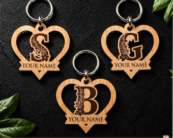 Floral Heart Alphabet Keychain SVG | Monogram Keychain Laser Cut File | Personalized Name Keychain Template | Initial Keychain Design