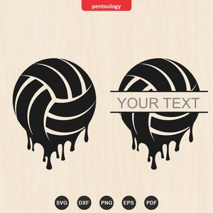 May include: Two black graphic illustrations of a volleyball with a dripping effect at the bottom. The right volleyball features a horizontal split with the text YOUR TEXT centered in the middle. The design is presented on a light wood background.