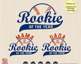 May include: Three baseball-themed designs with the text "Rookie of the Year" in blue and orange. The top design features a baseball with red stitching and the text "Rookie of the Year" in a blue arc. The bottom two designs feature the text "Mama of the Rookie of the Year" and "Dada of the Rookie of the Year" with a baseball graphic in the center.