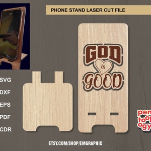 God is goed SVG, mobiele telefoonstandaard lasergesneden bestand, christelijk thema telefoonhouder gesneden patroon, SVG voor laser, Glowforge, svg dxf vectorbestand