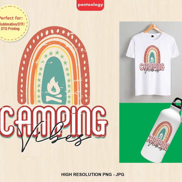 Camping vibes PNG sublimation design, Boho Rainbow Camping Png download, Vintage camper vibes digital clipart file, DTF file