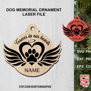 Gepersonaliseerde Pet Memorial Gift Laser File SVG, Dog Heart Paw Memorial Kerstornament, Pet Remembrance, Vector, Glowforge Xtool File