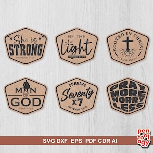 Könnte beinhalten: Sechs sechseckige Aufnäher aus beigem Leder mit schwarzer Gravur von Text und Grafiken. Die Designs umfassen She is STRONG Proverbs 31:25, BE THE light Matthew 5:14, ROOTED IN CHRIST Colossians 2:7, MAN OF GOD 1 Timothy 6:11, Forgive Seventy x7 Matthew 18:22 und PRAY MORE WORRY LESS.