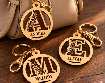Floral Alphabet Bag Charm SVG, Personalized Name Keychain Laser Cut File, Monogram Keychain, Wooden Bag Tag, A-Z Digital Download