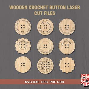 Patrón de corte láser para botones hechos a mano, archivo de corte para botones de madera, etiquetas de productos para proyectos de tejido y crochet - Svg Dxf Cdr AI, Glowforge