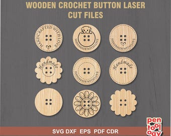Handgefertigtes Knopf Laser-Schnitt Muster, Schneidedatei für Holzknöpfe, Etiketten für Stricken und Häkeln Projekte - SVG Dxf Cdr AI, Glowforge