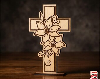 Floral Cross SVG | Easter Cross Laser Cut File | Christian Flower Cross Svg Dxf Png | Church & Memorial Decor