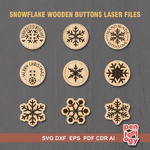 Bottoni in legno a forma di fiocco di neve, file laser per bottoni fatti a mano, bottoni a tema natalizio per progetti di maglieria e uncinetto - Svg Dxf Cdr AI, Glowforge