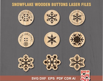 May include: Set of ten laser cut wooden buttons featuring snowflake designs. The buttons have various text including "Handcrafted with Love", "Merry Christmas", and "Handmade with Love".