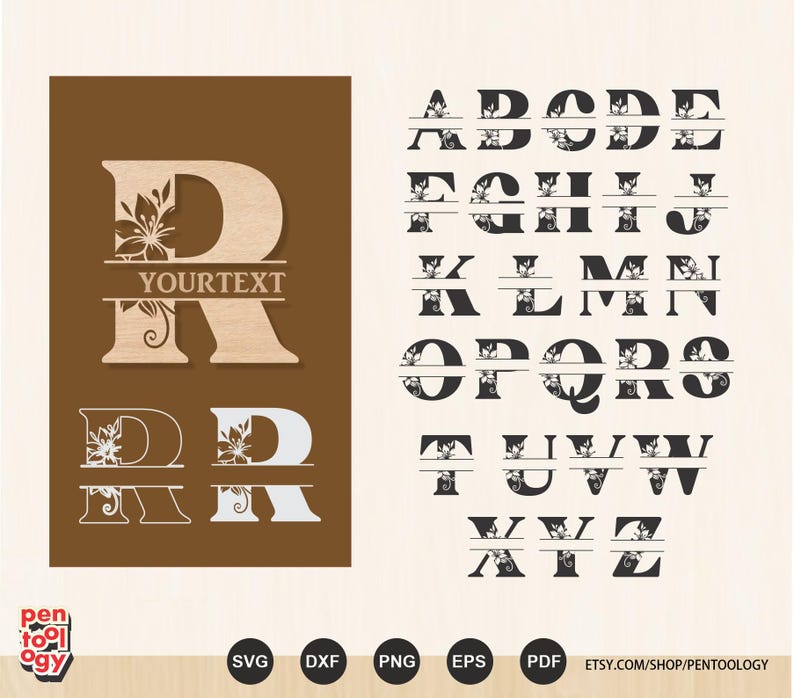 Floral Split Monogram Alphabet SVG – Laser Cut Files for Wood Engraving, Custom Name Monogram, A-Z Letters for Glowforge, Cricut, CNC