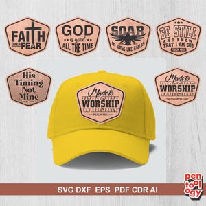 Puede incluir: Una gorra de béisbol amarilla con un parche que dice "Made to Worship" en forma de hexágono. La imagen también muestra varios otros parches en forma de hexágono con frases religiosas como "Faith Over Fear" y "God is Good".