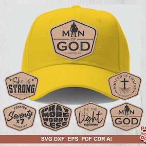 Könnte beinhalten: Gelbe Baseballkappe mit einem braunen Lederaufnäher mit der Aufschrift "Man of God" und "1 Timothy 6:11". Zusätzliche Aufnäher mit inspirierenden Zitaten sind ebenfalls sichtbar. Das Bild enthält auch den Text "SVG DXF EPS PDF CDR AI".