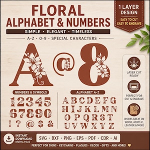Blumenalphabet und Zahlen SVG, A-Z 0-9, Lasergeschnittenes Monogramm & Initialen